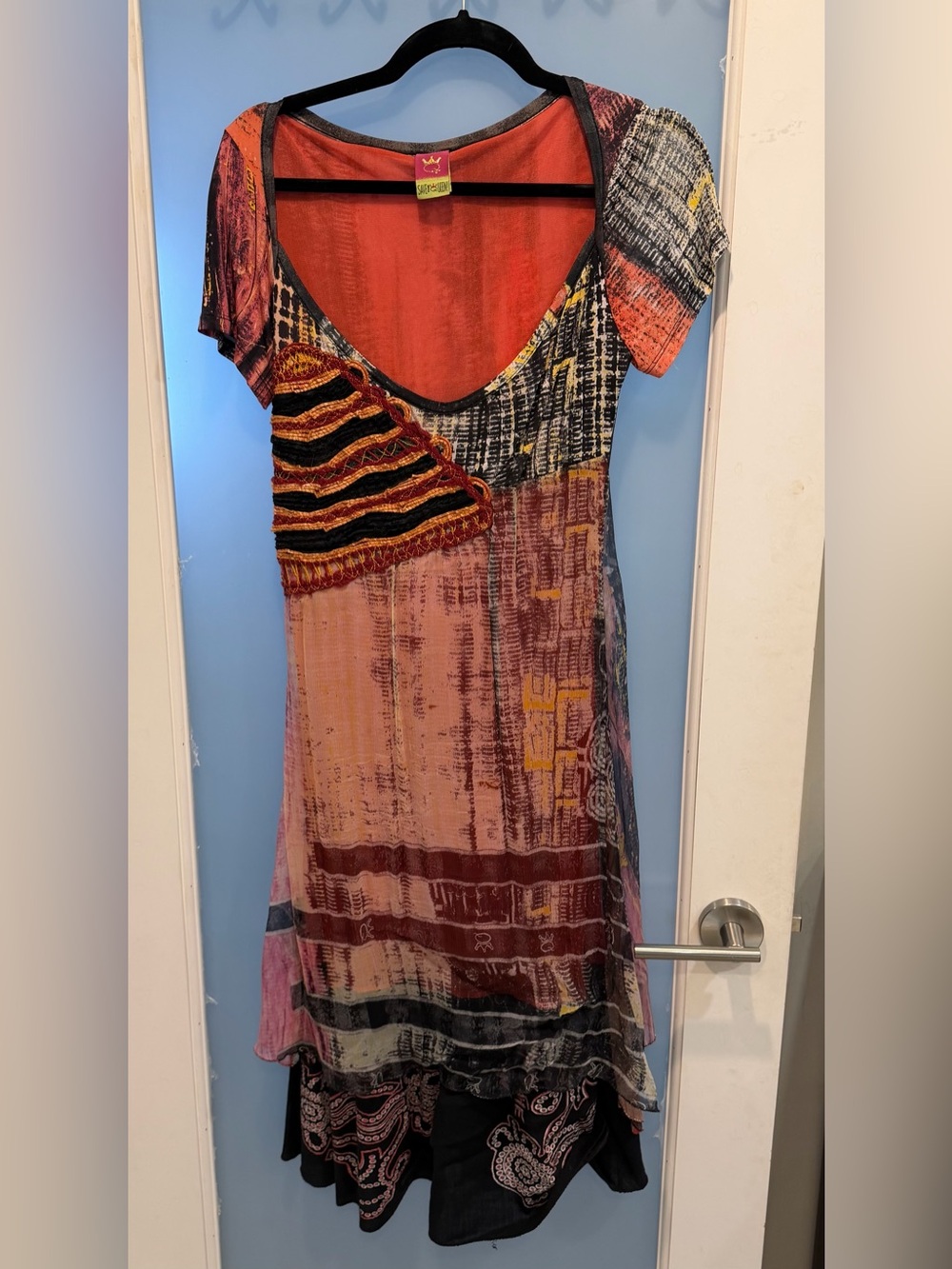 Save The Queen Coral-Orange dress with Black Trim